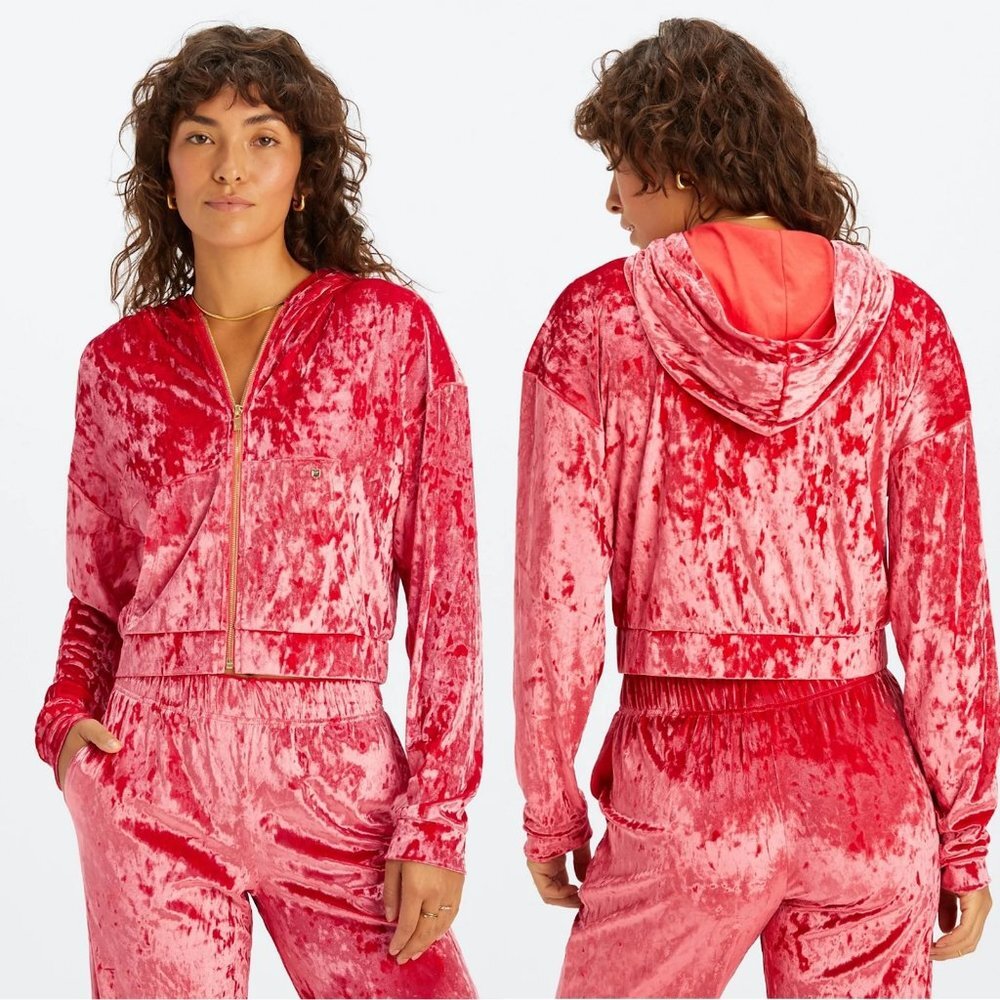 NWT New $85 Fabletics Red Crushed Velour Zip Up Hoodie Size S